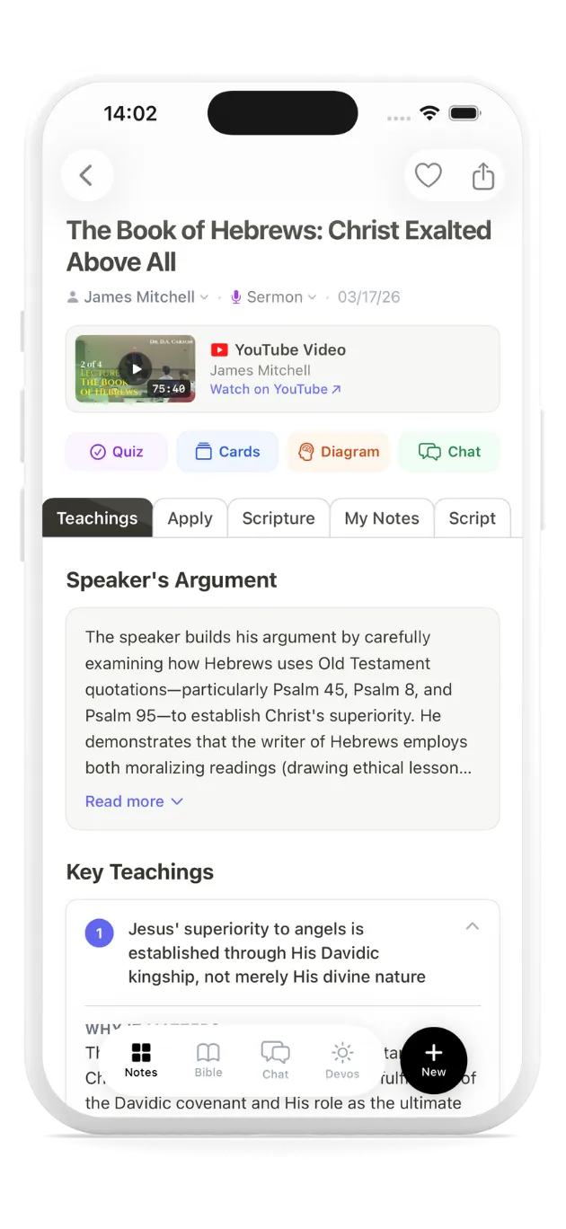 SermonKeep app showing automatic sermon notes with key teachings and scripture references