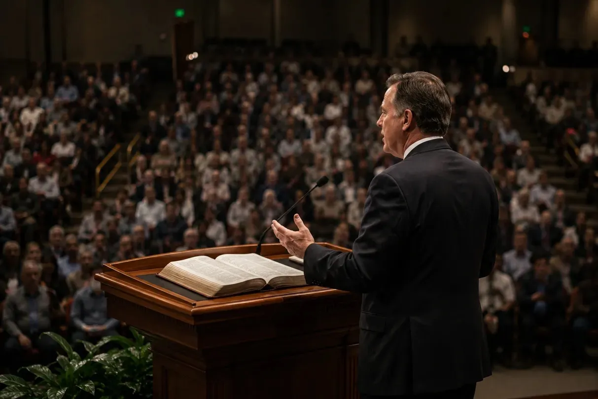 A pastor preaching from the pulpit to a full congregation