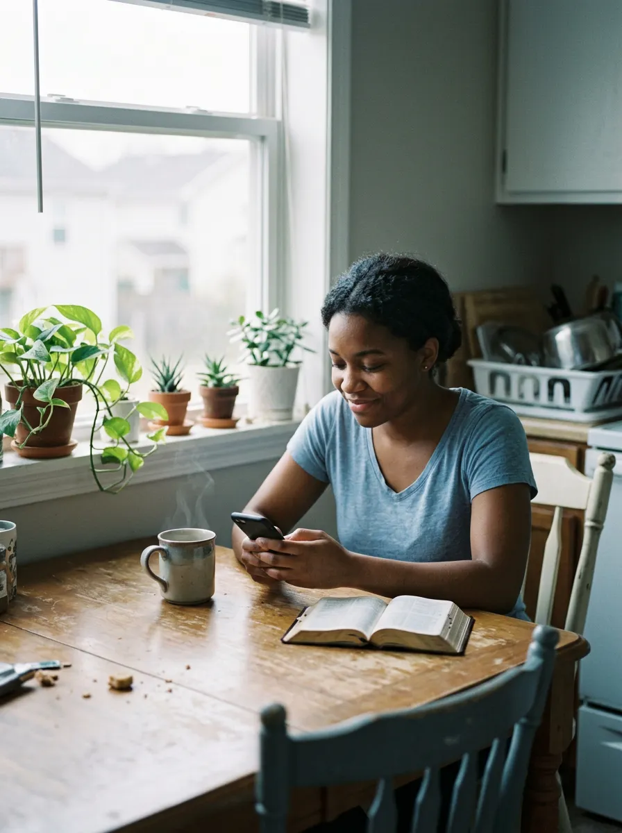 A church member reading the week's small group guide on her phone at the kitchen table